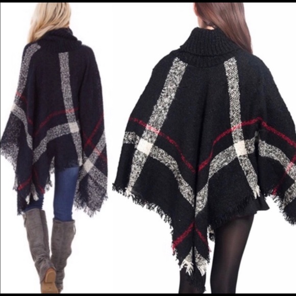 *One Left* Turtleneck Black White & Red Poncho - Picture 4 of 7